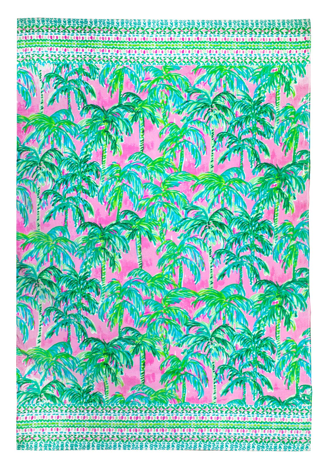 Lilly Pulitzer oversized pool towel with pink-green palm tree pattern for stylish beach lounging.