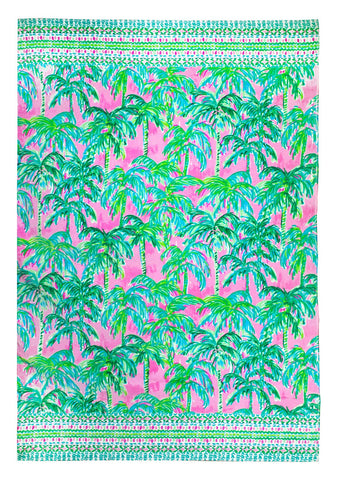 Lilly Pulitzer oversized pool towel with pink-green palm tree pattern for stylish beach lounging.