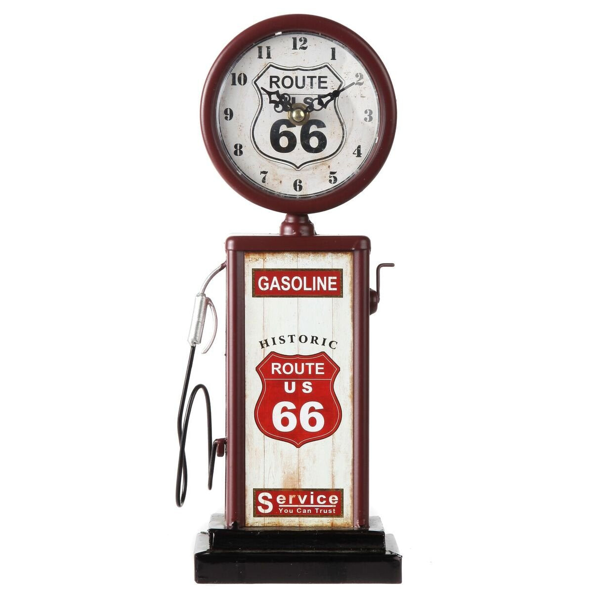Lily's Home Route 66 gas pump mantle clock on a mantel, nostalgic vintage charm.
