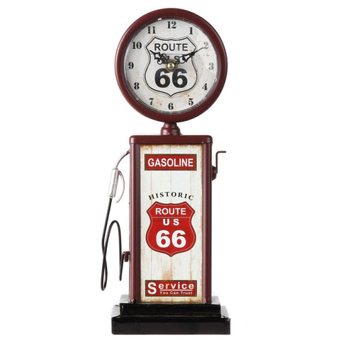 Lily's Home Route 66 gas pump mantle clock on a mantel, nostalgic vintage charm.