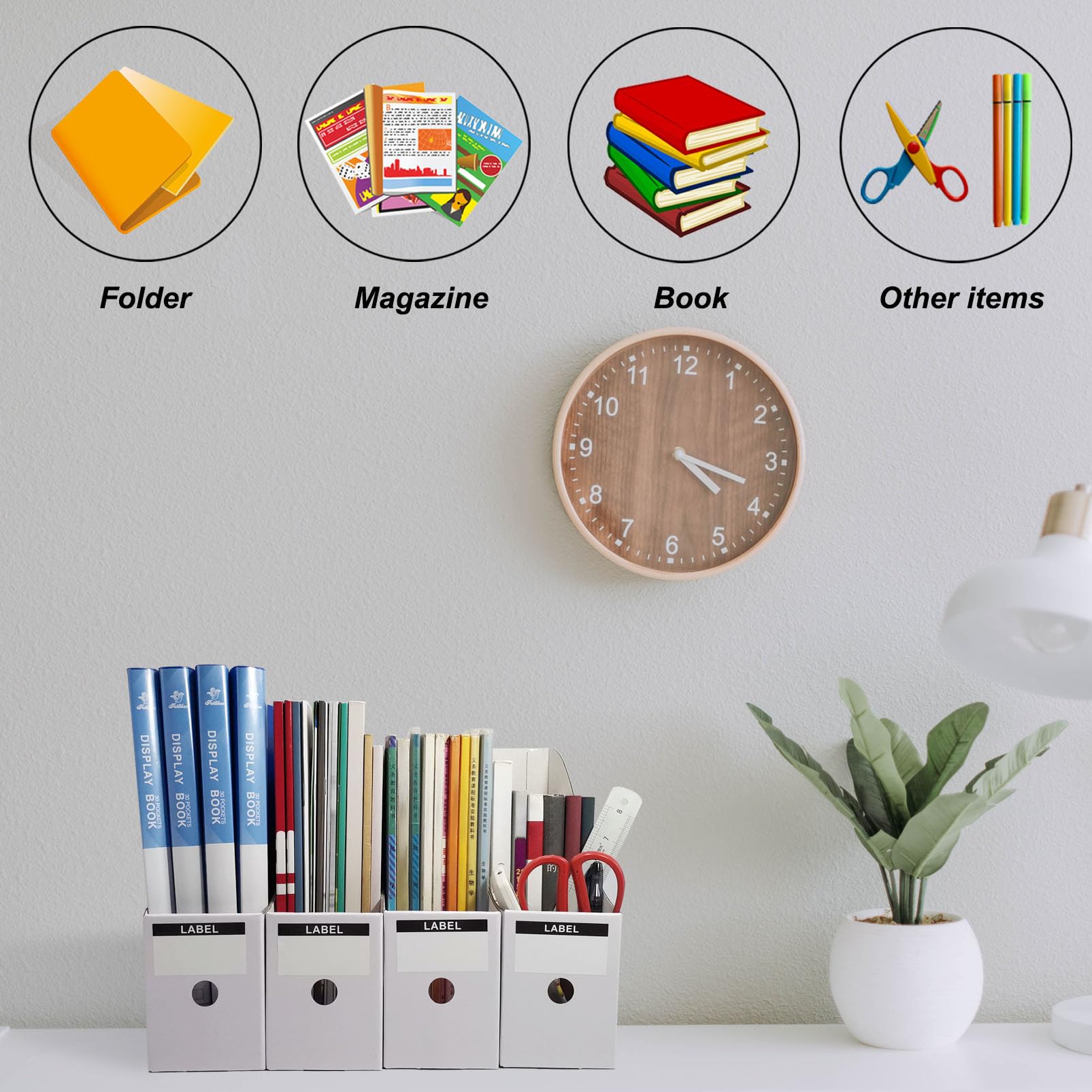 Limitliho classroom shelf with magazines and folders organized neatly.