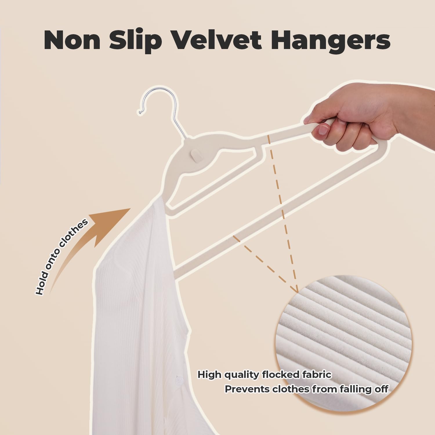 Limogoo Ivory Velvet Hangers feature a 360° swivel neck for easy hanging.