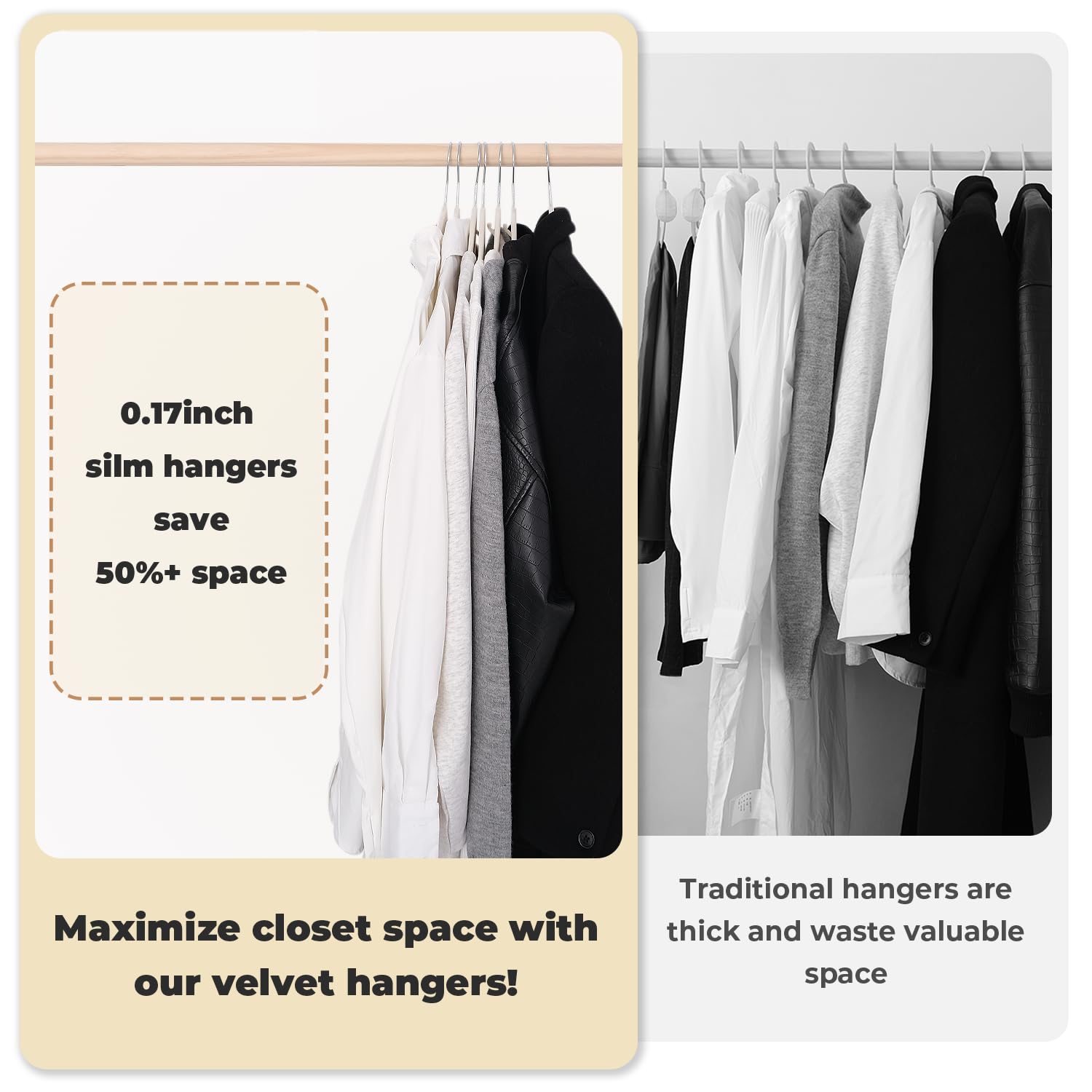 Limogoo Ivory Velvet Hangers anti-slip fabric keeps clothes secure.