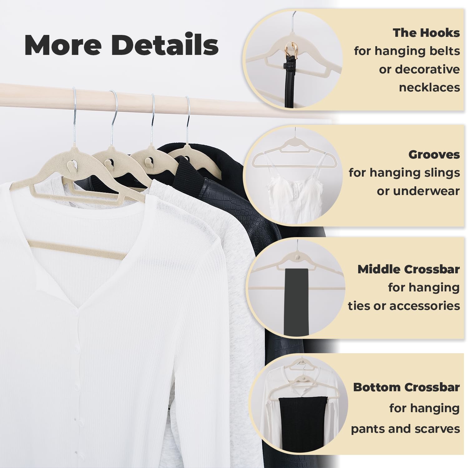 Limogoo Ivory Velvet Hangers have spaghetti strap grooves and a double crossbar for accessories.