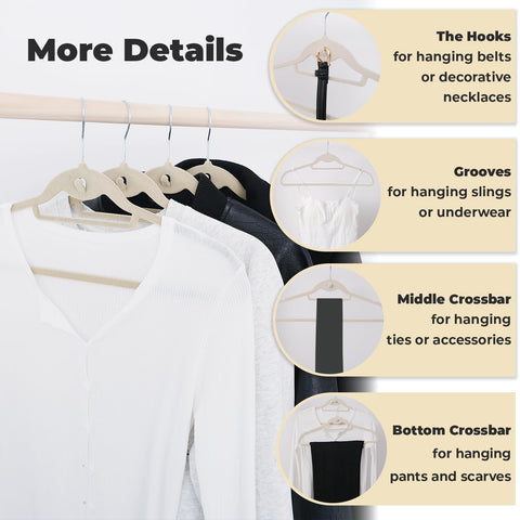 Limogoo Ivory Velvet Hangers have spaghetti strap grooves and a double crossbar for accessories.