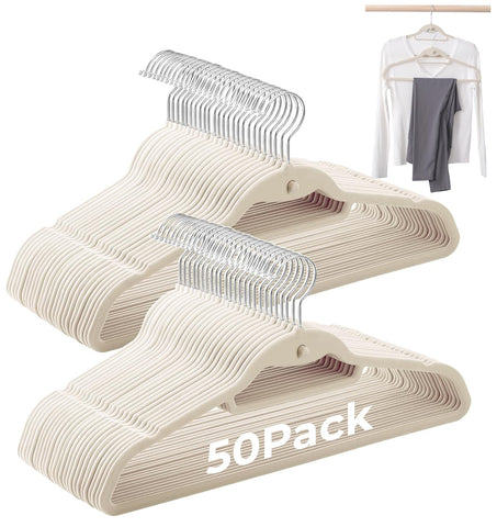 Limogoo Ivory Velvet Hangers with ultra-thin profile saves closet space.