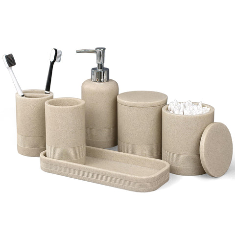 LIN CHUAN soap dispenser with beige stone texture for a clutter-free sink