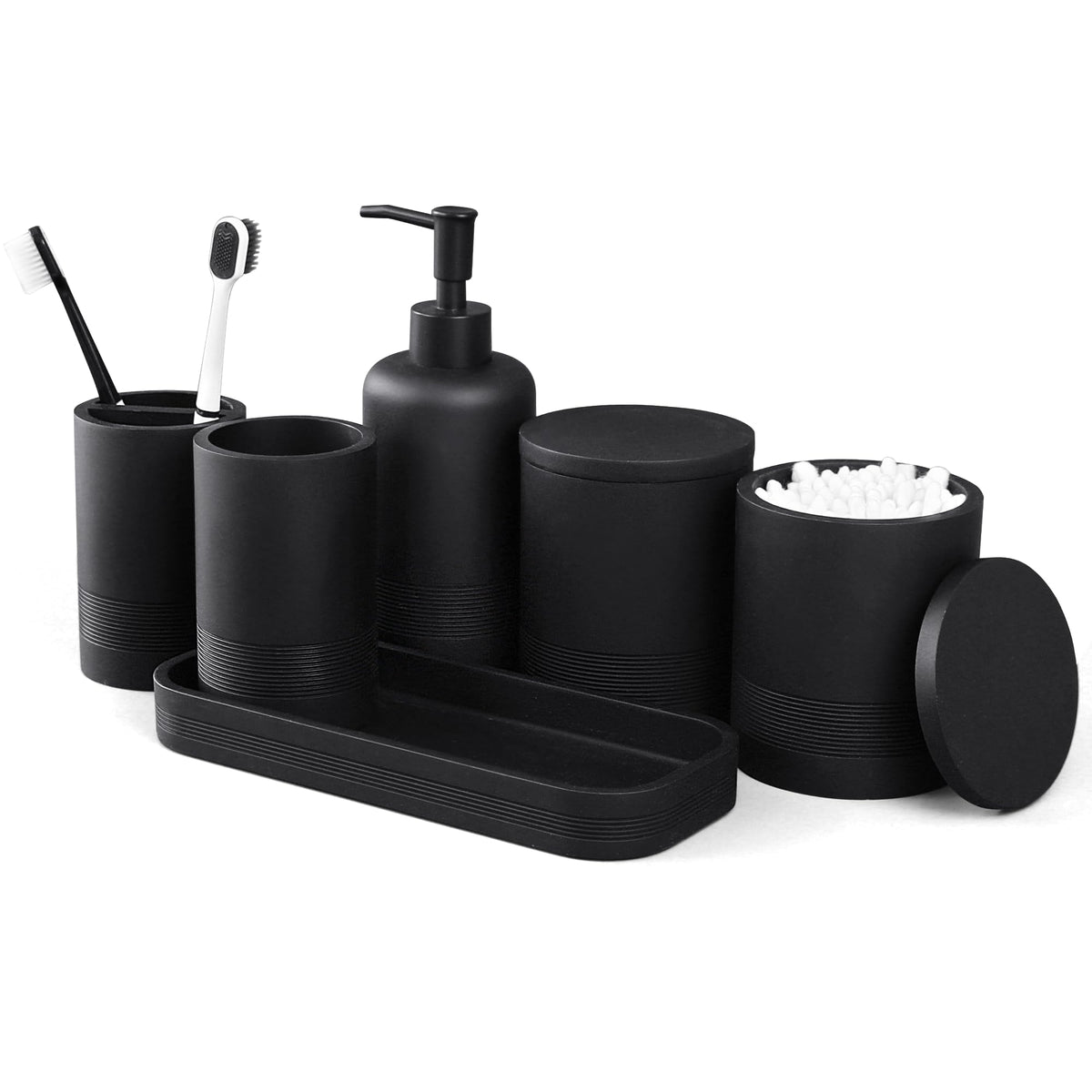 Lin Chuan 6-piece bathroom set in matte black keeps counters tidy.