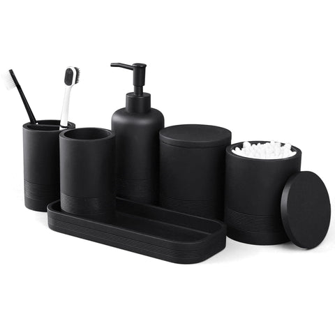 Lin Chuan 6-piece bathroom set in matte black keeps counters tidy.