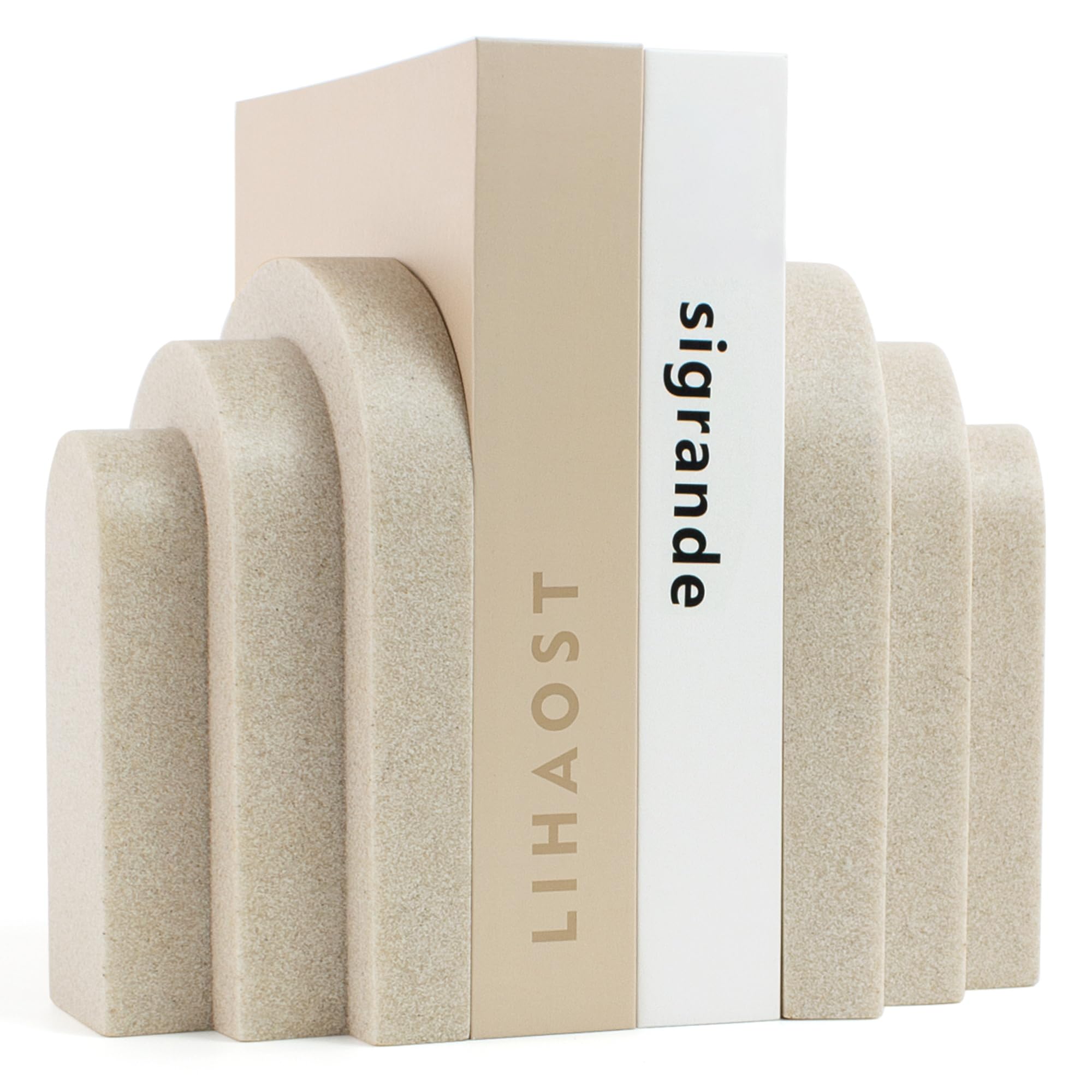 LIN CHUAN heavy-duty beige arch bookends stabilize large volumes on shelves