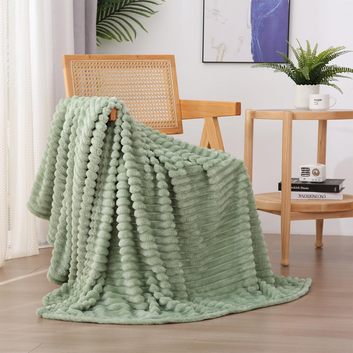 Linecooo Sage Green Throw on sofa adds cozy warmth for relaxation