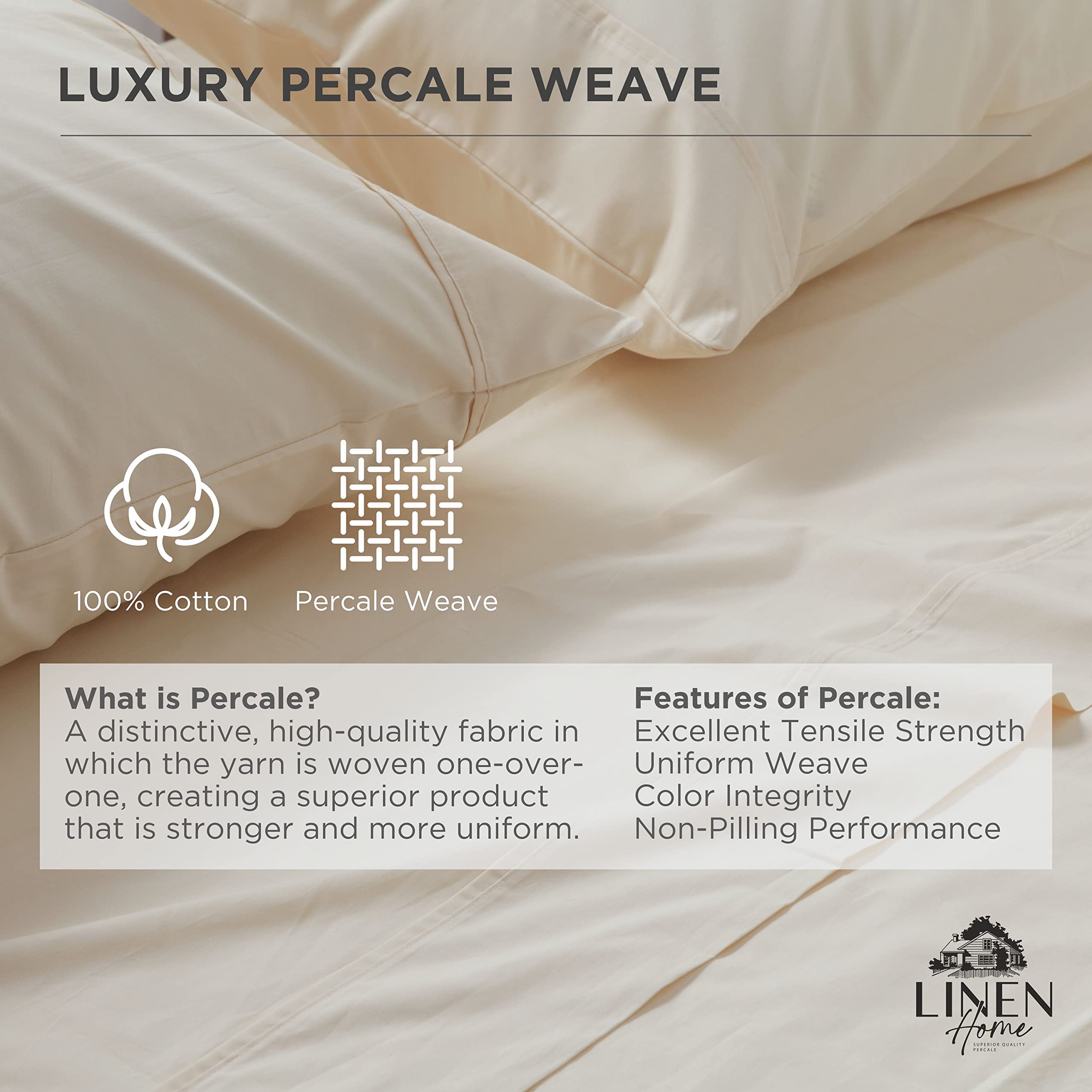 Linen Home 100 percent cotton Percale king sheet in ivory provides hotel-like crispness