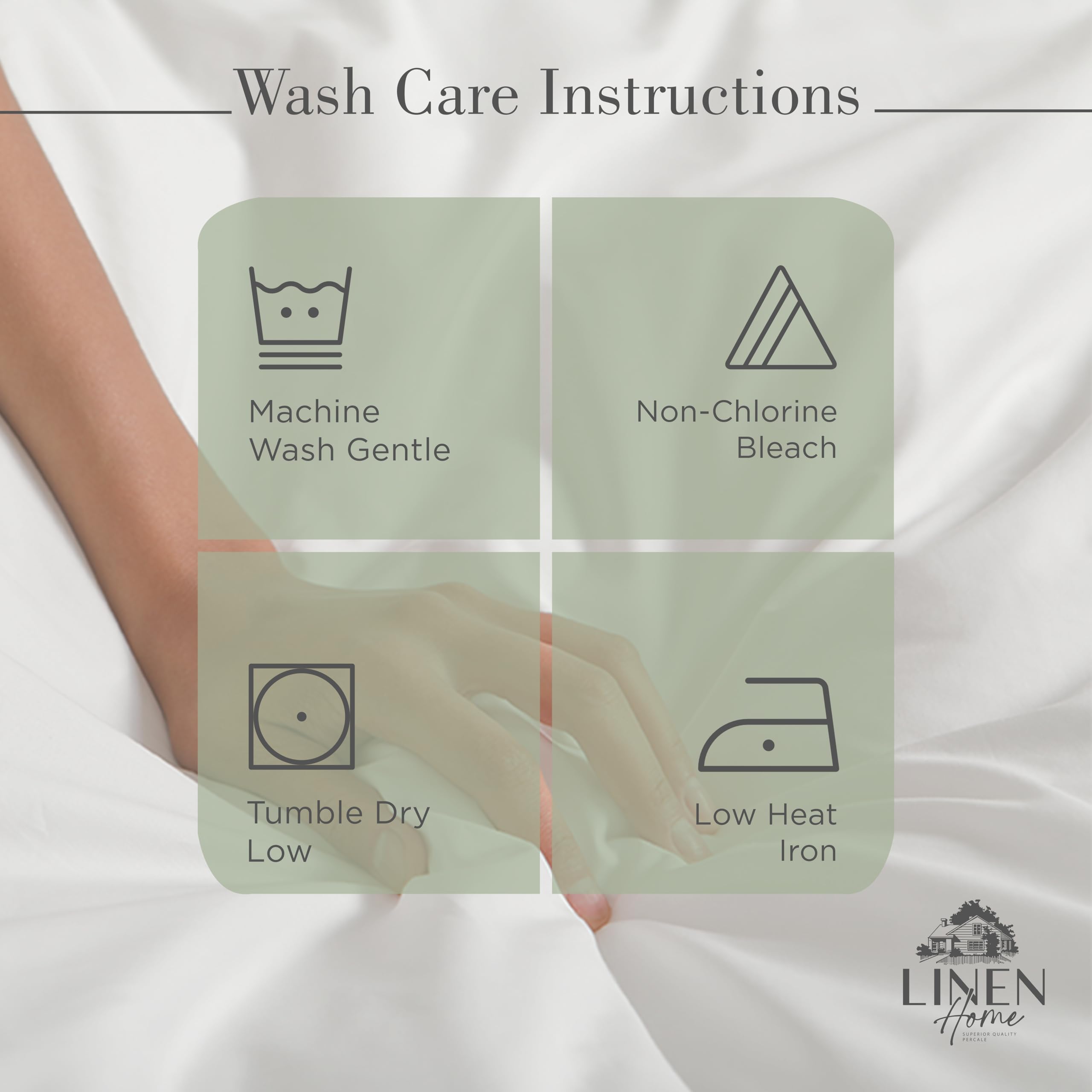 Linen Home deep-pocket elastic edge—fits up to 16 inch mattresses securely.