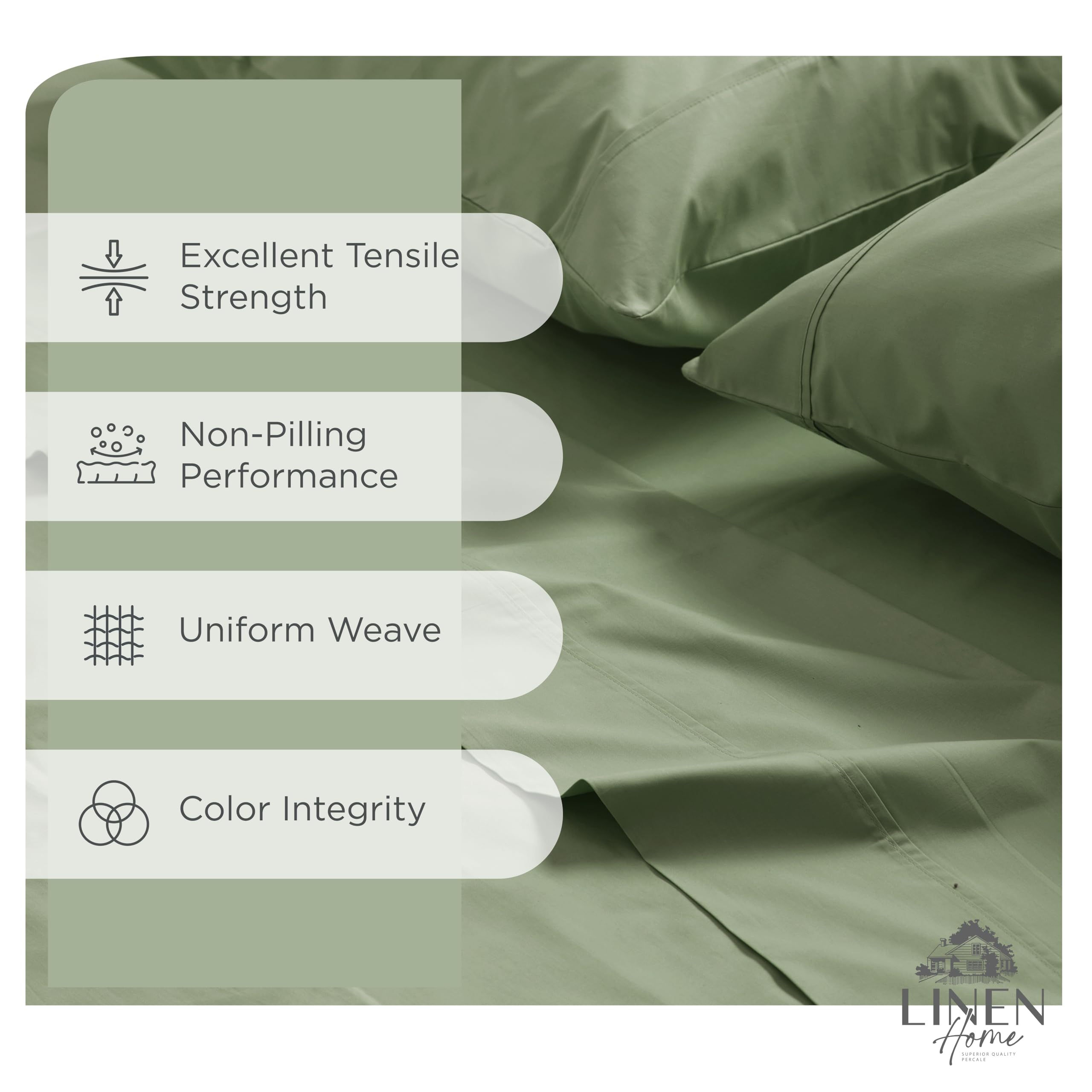 Linen Home oil green percale sheets fitted view—deep pockets ensure secure mattress fit.