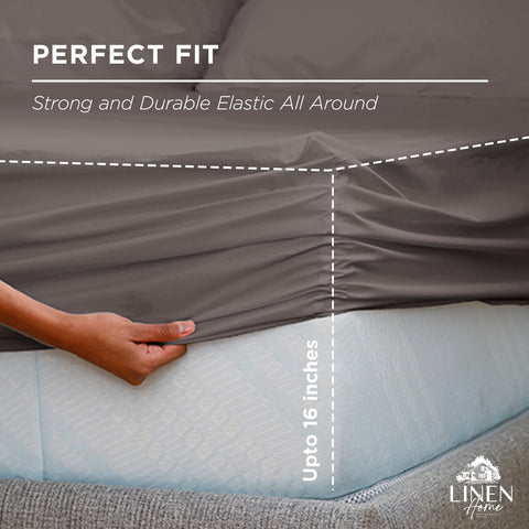 Linen Home charcoal queen sheet shown on bed for easy bed-making.