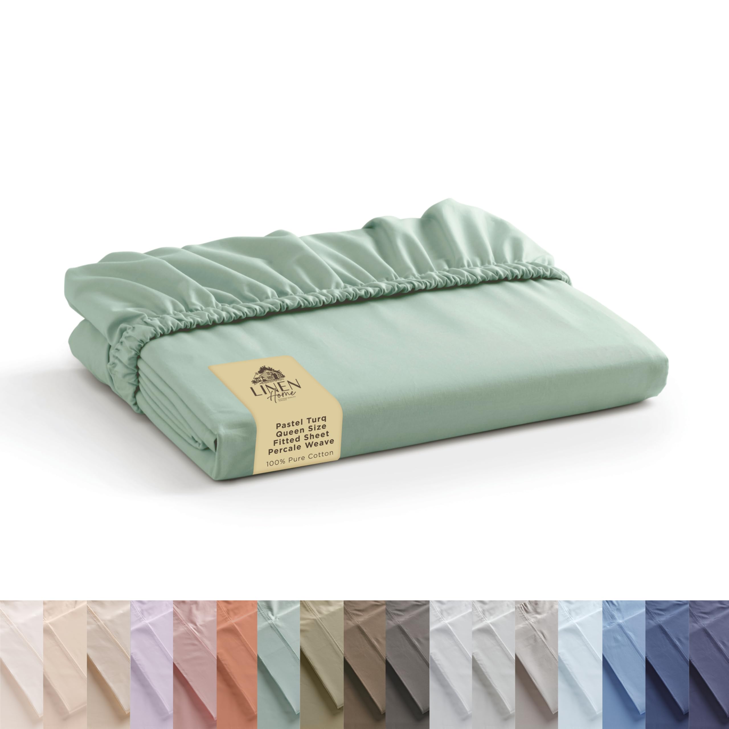 Linen Home percale queen fitted sheet in pastel Turk delivers crisp hotel-grade comfort.