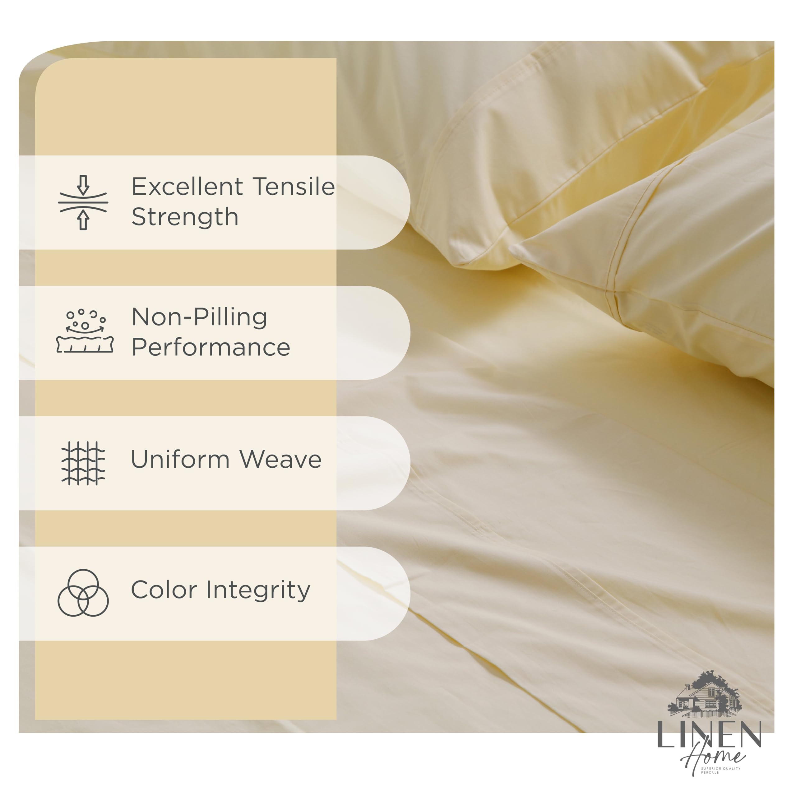Linen Home ivory deep-pocket fitted sheet on queen bed, snug fit.