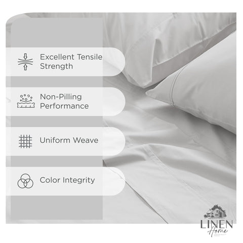 Linen Home percale queen silver fitted sheet close-up highlighting deep-pocket fit