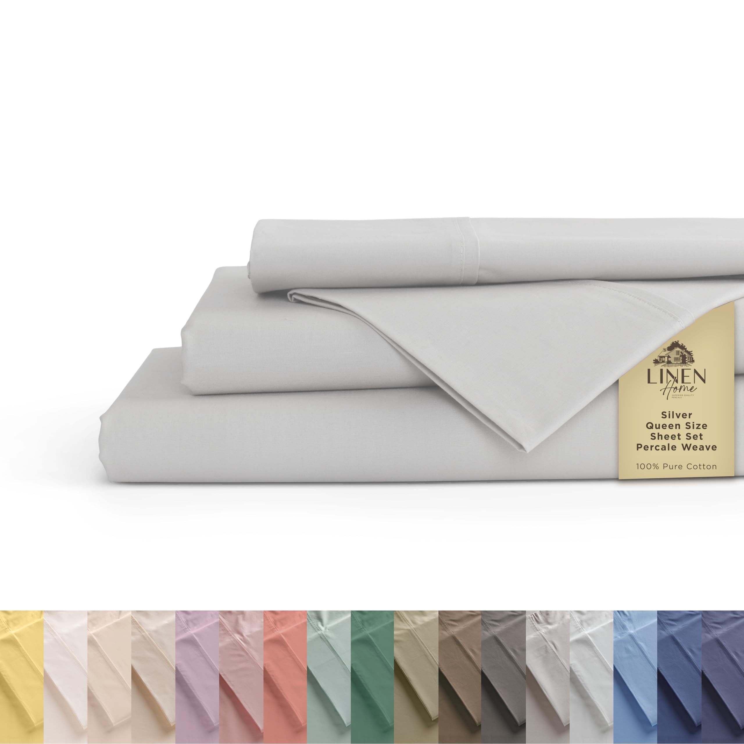 Linen Home percale queen silver flat sheet close-up showing crisp feel for cool nights