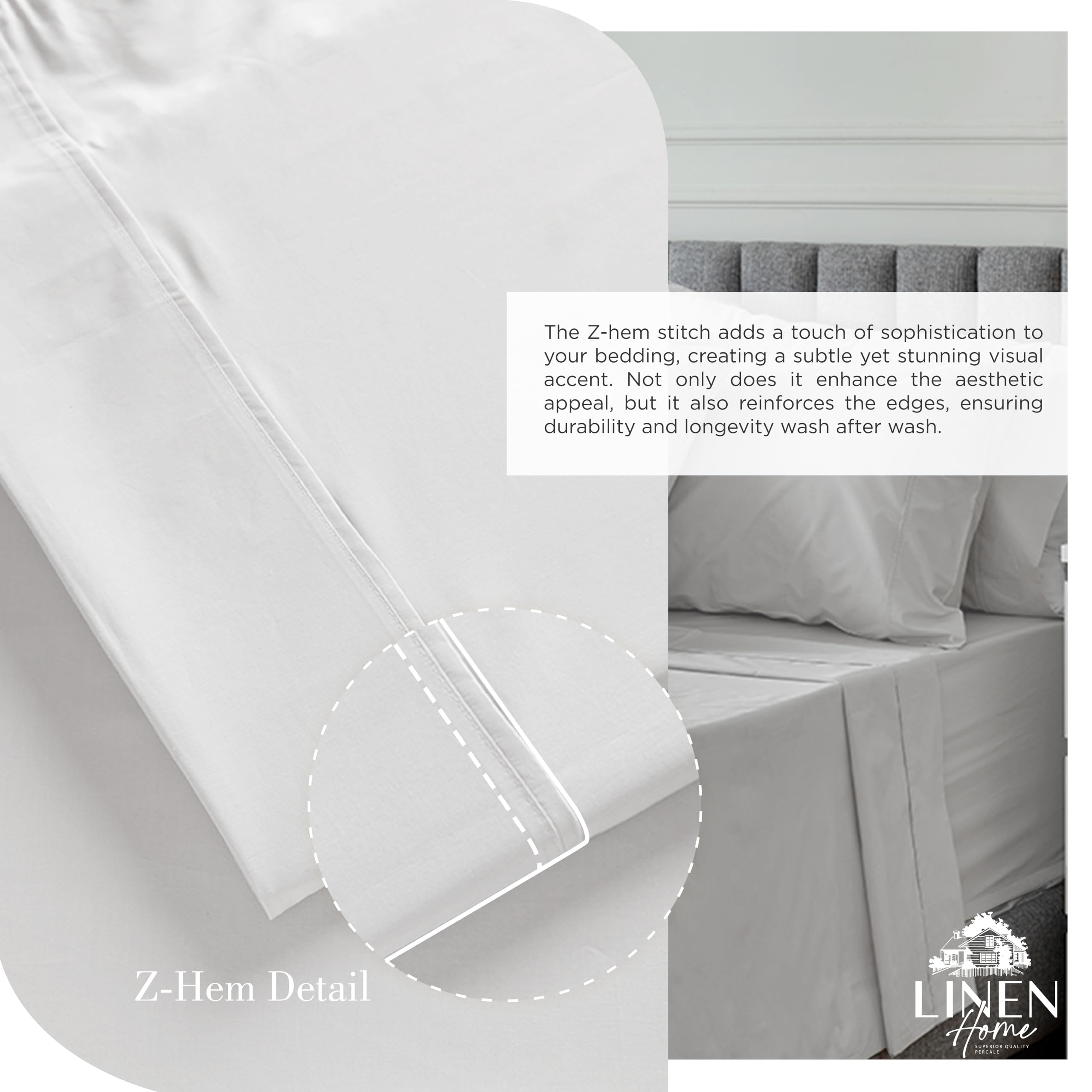 Linen Home percale queen silver pillowcase close-up showing smooth edge and comfy sleep