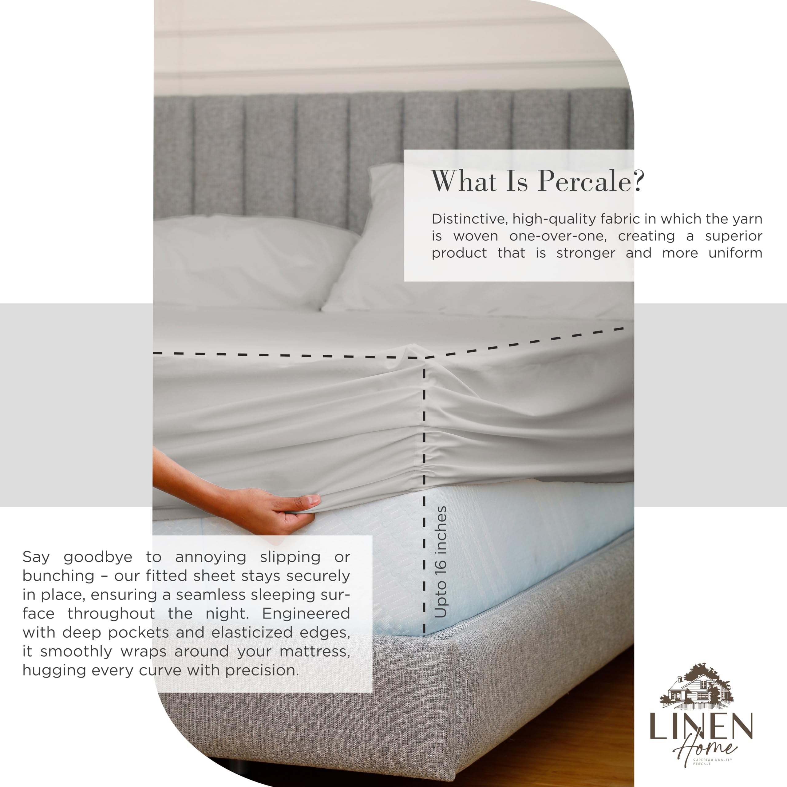 Linen Home percale queen silver pillowcase close-up emphasizing durable hems and neat stitching