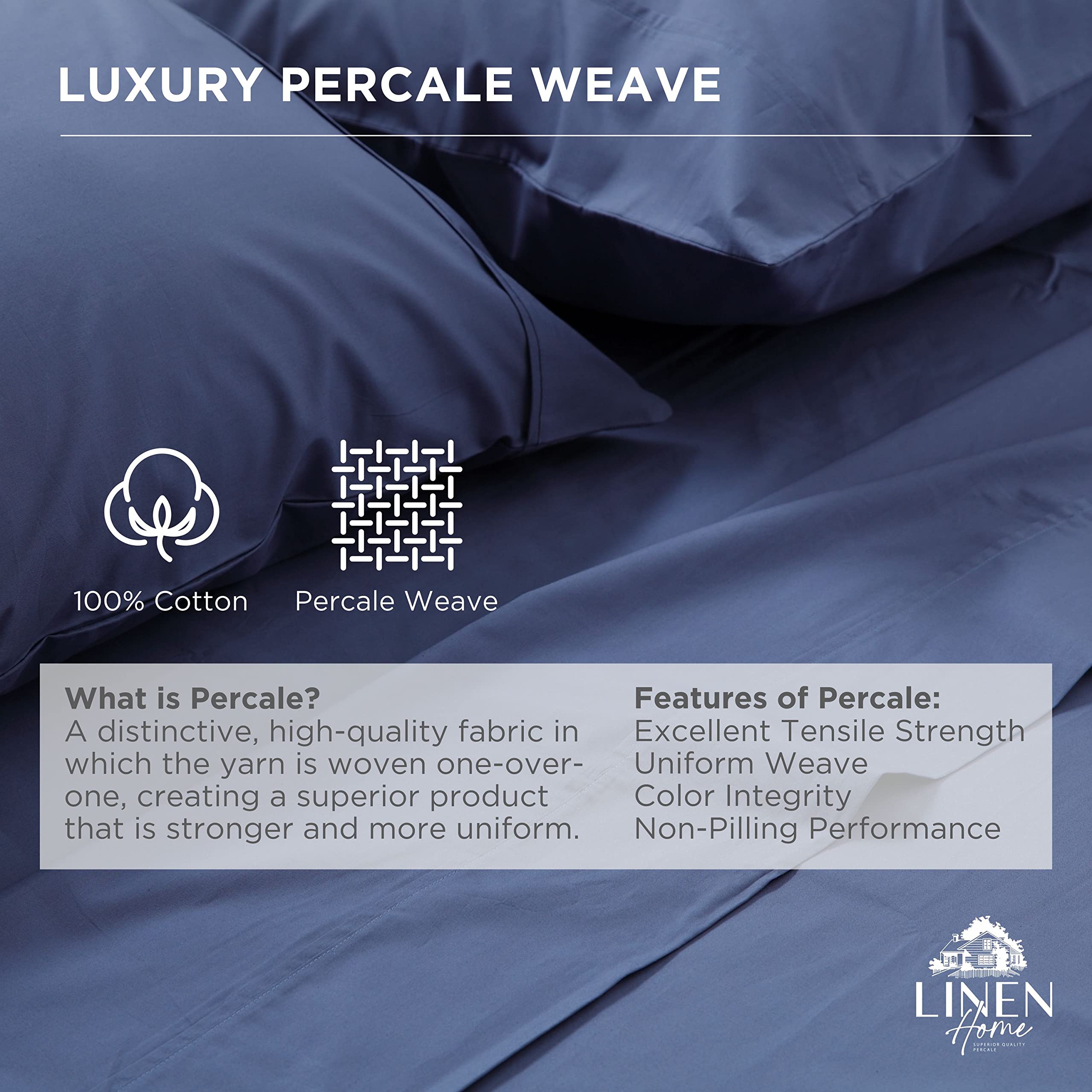 Linen Home closeup of crisp percale weave and long-staple cotton feel.