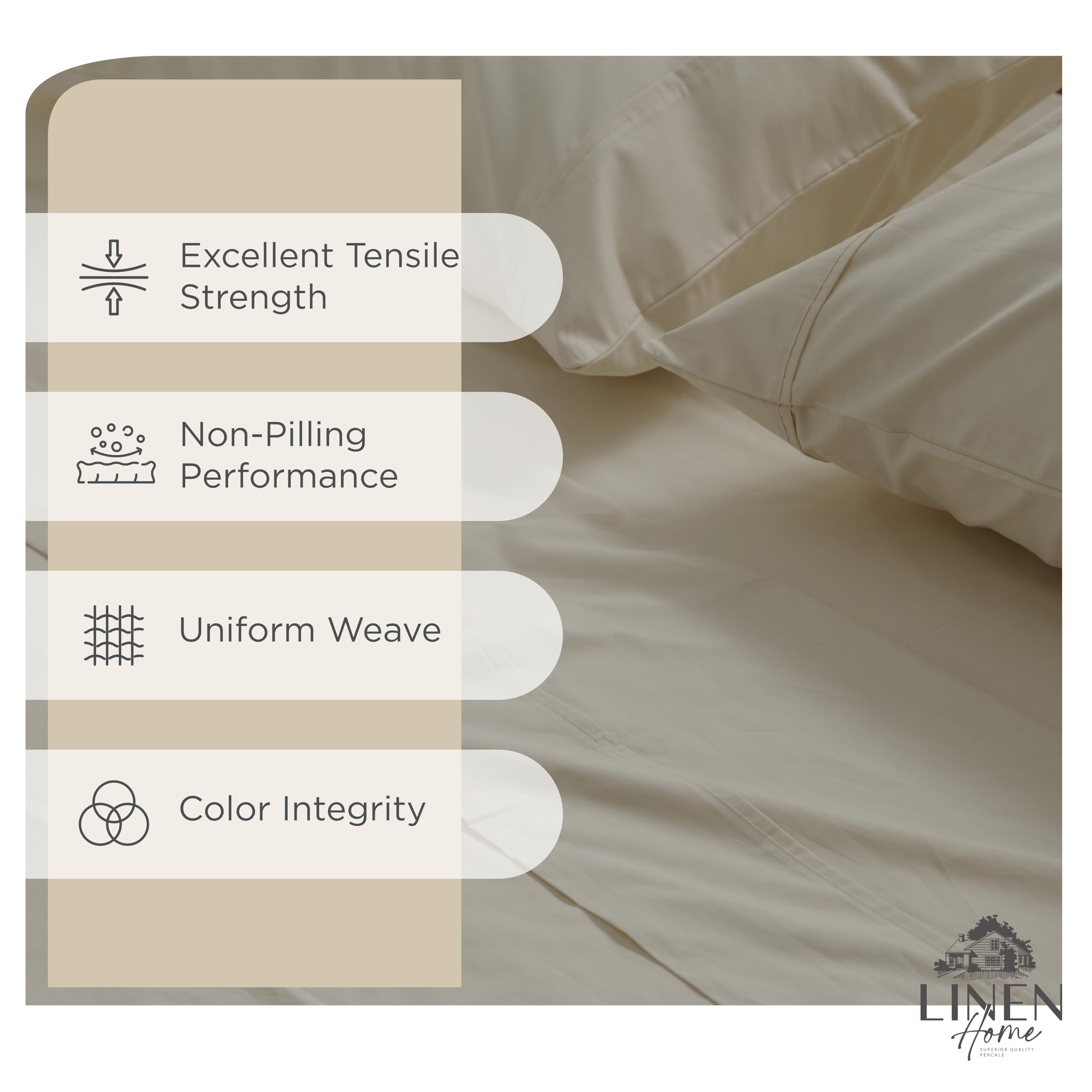 Linen Home queen percale fitted sheet with deep pocket for secure fit.
