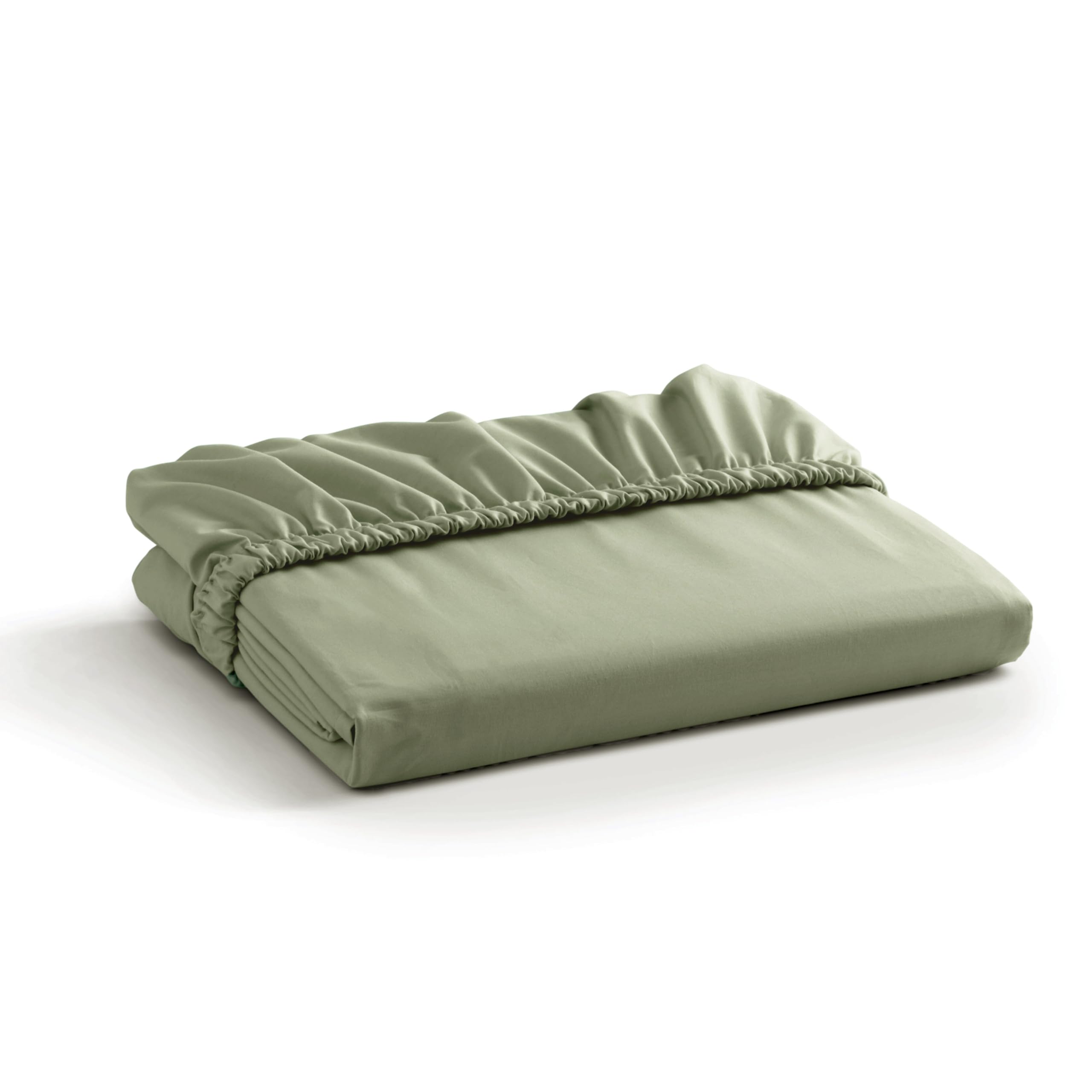 Linen Home sage-percale-fitted-sheet on bed delivers a crisp, cool sleep surface.