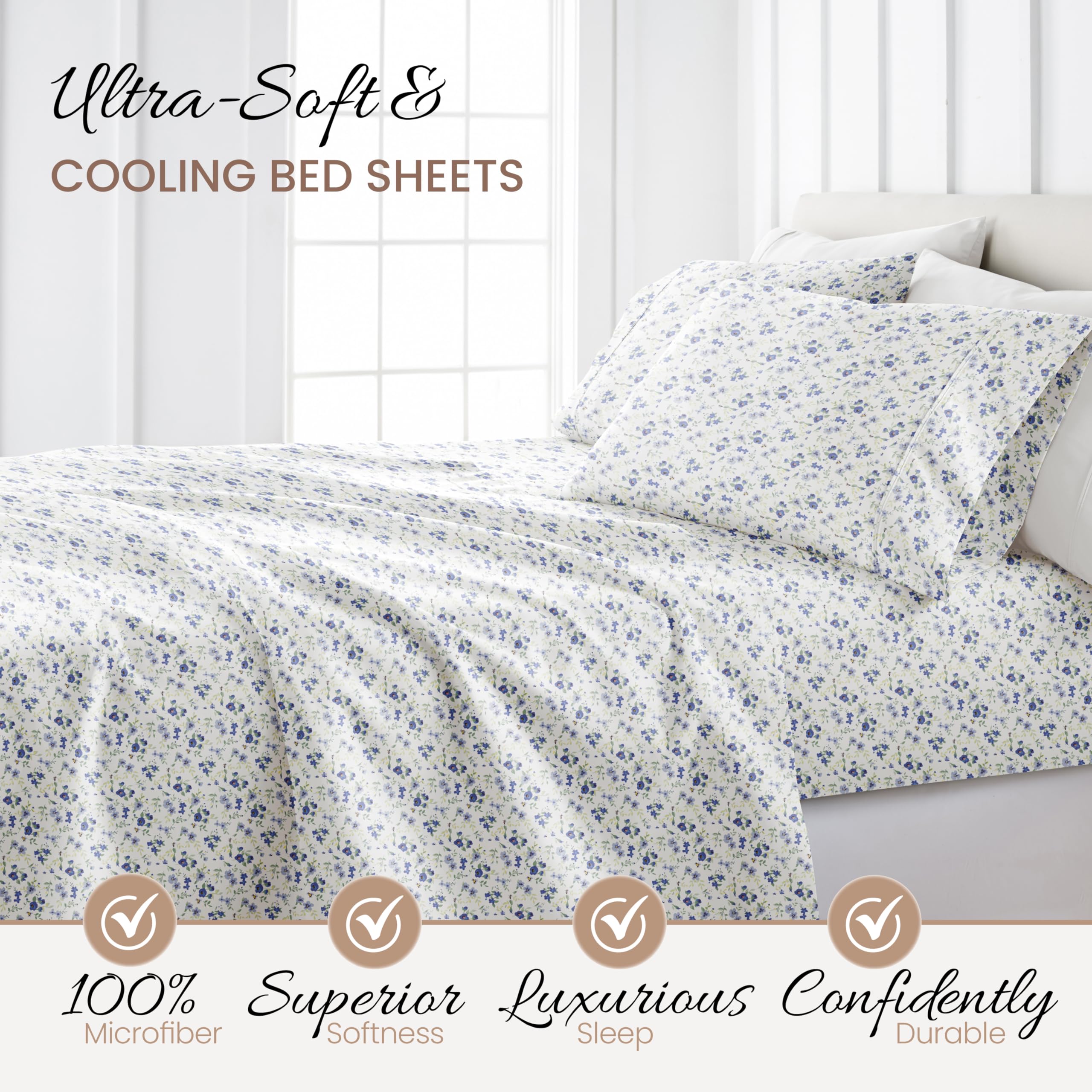Linen Market Blossoms floral pattern adds calming style to bedroom decor.