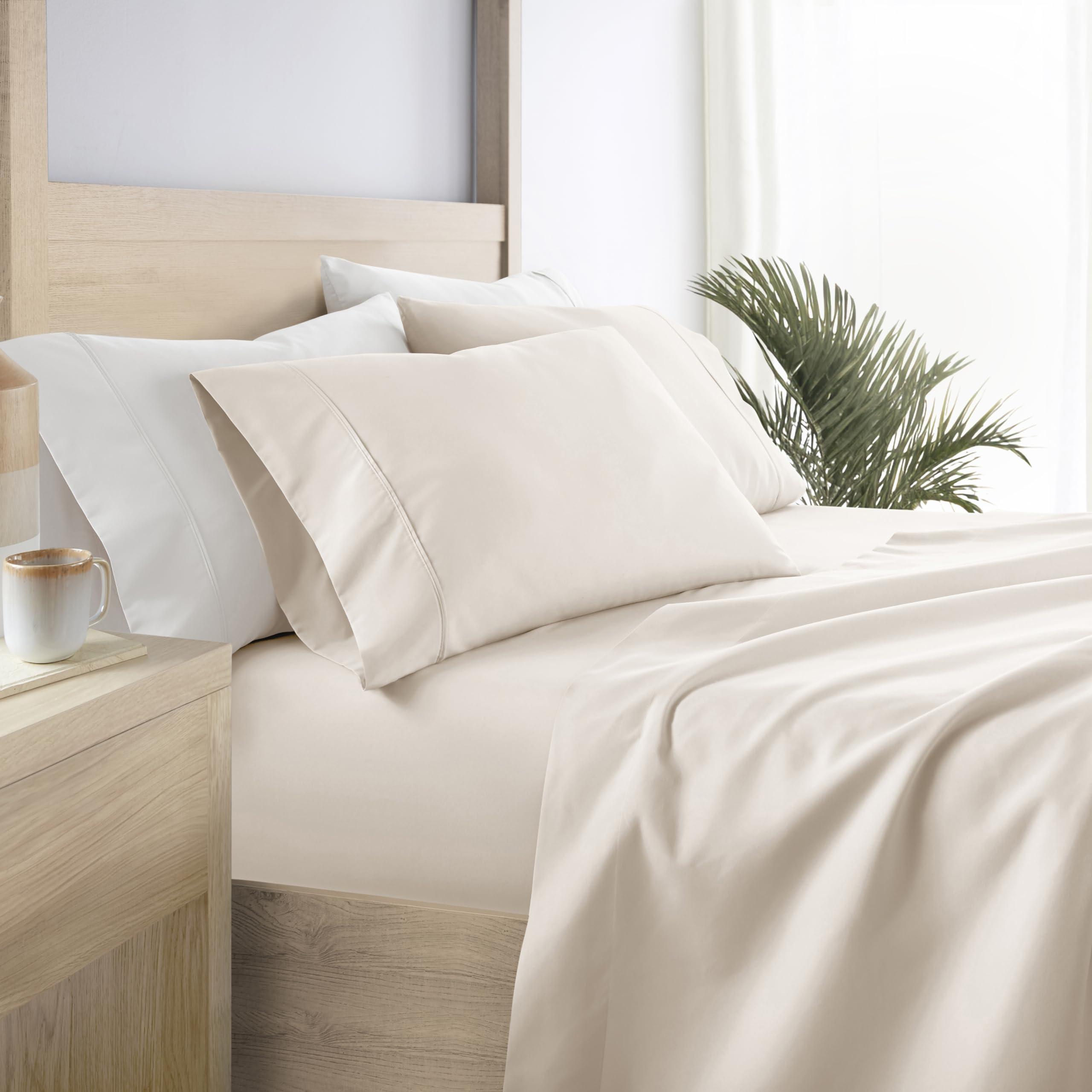 Linen Market double brushed microfiber queen sheet set ivory flat lay showing silky soft texture