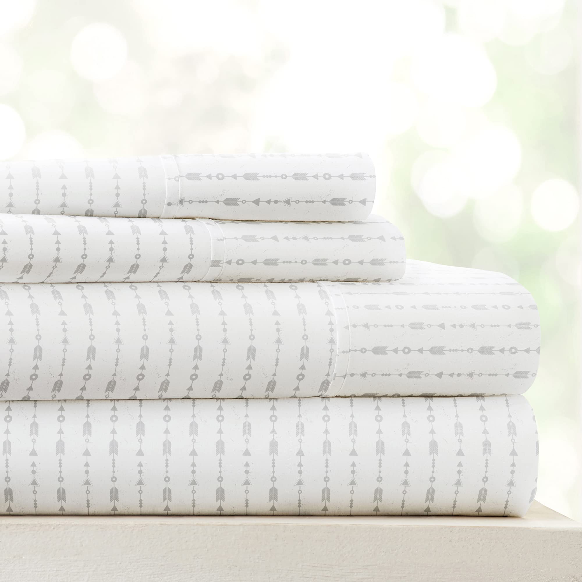 Linen Market packaging of the patterned microfiber queen sheet set signals easy care