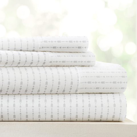 Linen Market packaging of the patterned microfiber queen sheet set signals easy care