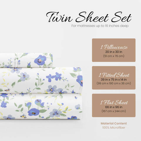 Close-up of Linen Market light blue floral twin sheets showing soft breathable fabric