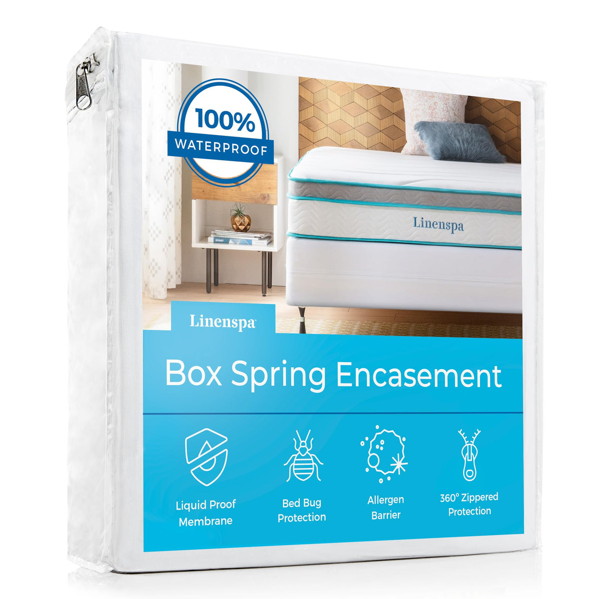 Linenspa box spring encasement with zipper provides full 360° coverage for the queen bed