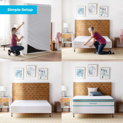 Waterproof Linenspa box spring protector blocks spills and stains on a queen bed