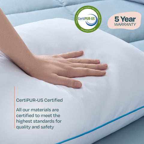 CertiPUR-US badge highlighted on Linenspa pillow packaging.