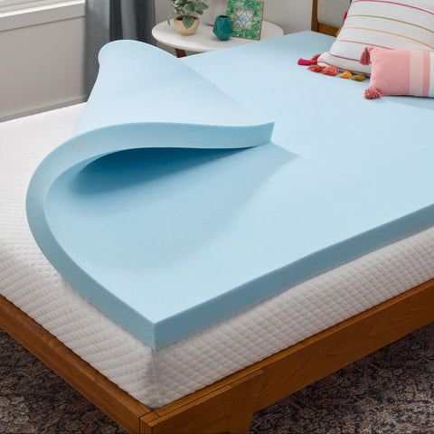 Linenspa gel-infused memory foam topper in a plush 3-inch profile provides pressure relief.