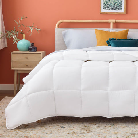 Linenspa white down-alternative comforter front view highlighting all-season warmth
