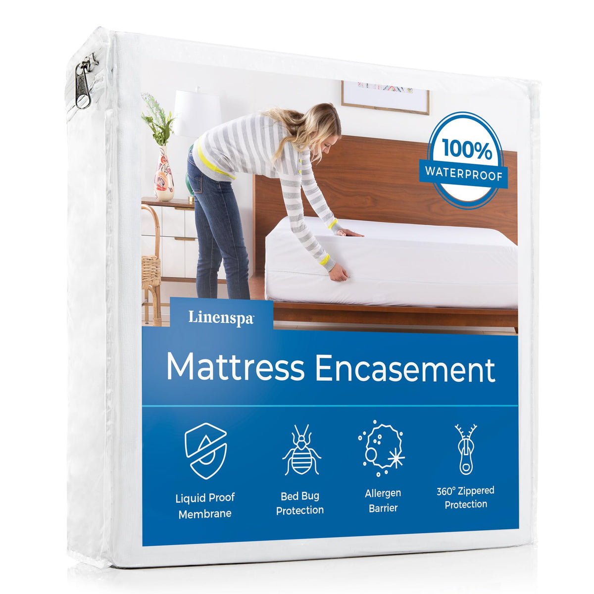 Linenspa zippered mattress encasement full size provides secure fit and 360° protection.