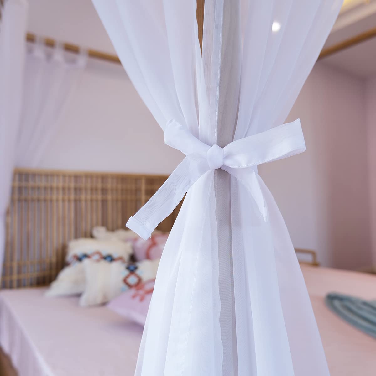 Linentalks four panel corner drapes frame four poster beds.