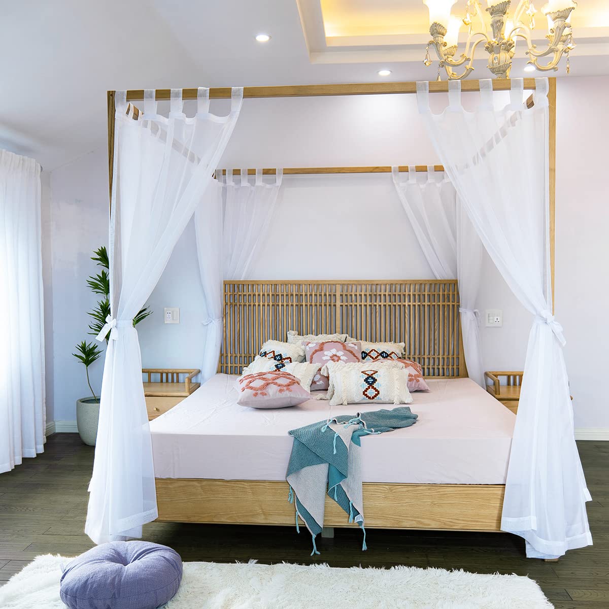 Linentalks king size sheer canopy bed curtains provide airy ambience.