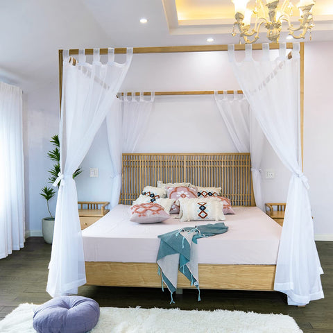 Linentalks king size sheer canopy bed curtains provide airy ambience.