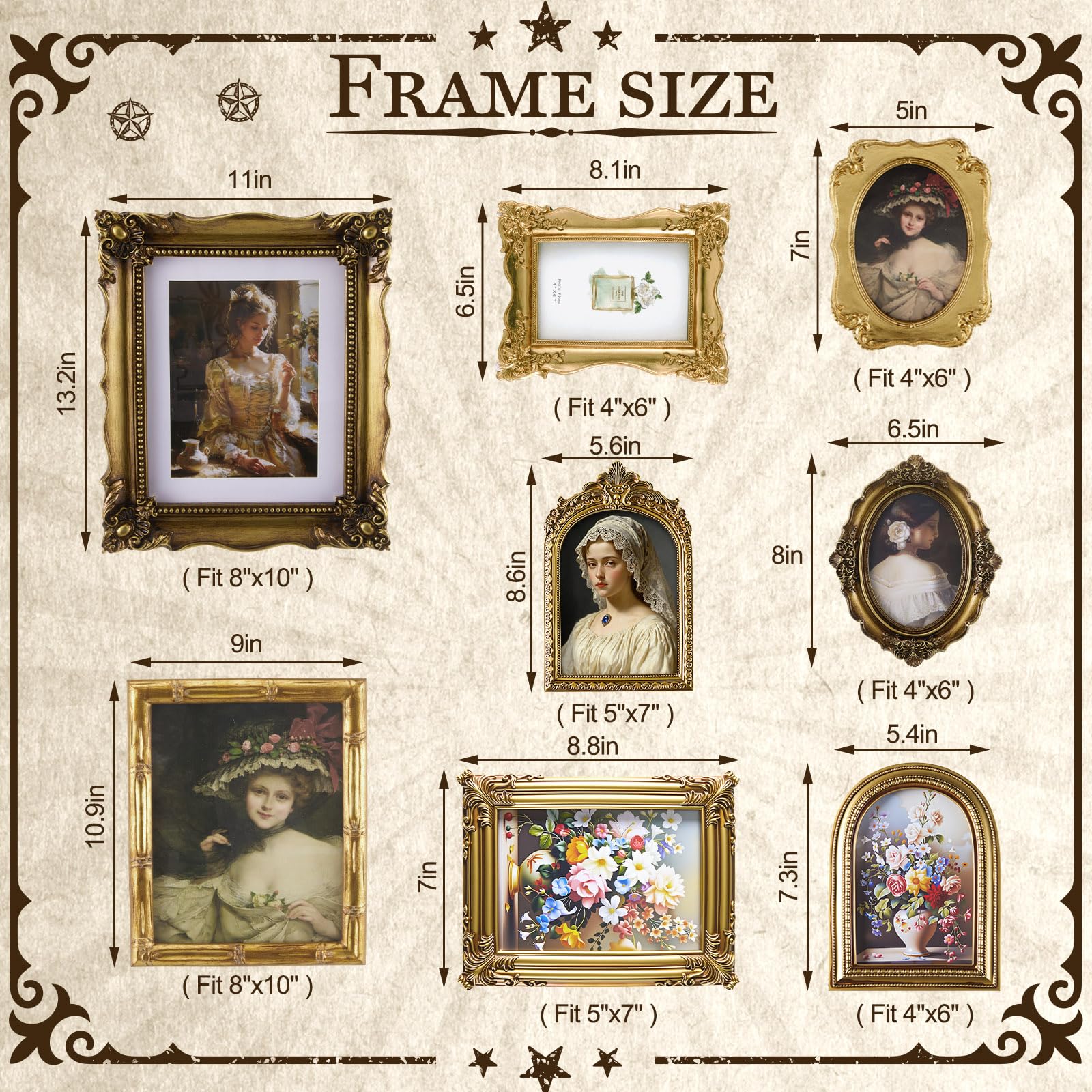 Lineshading gold vintage 8x10 frame closeup showcases intricate distressed finish.