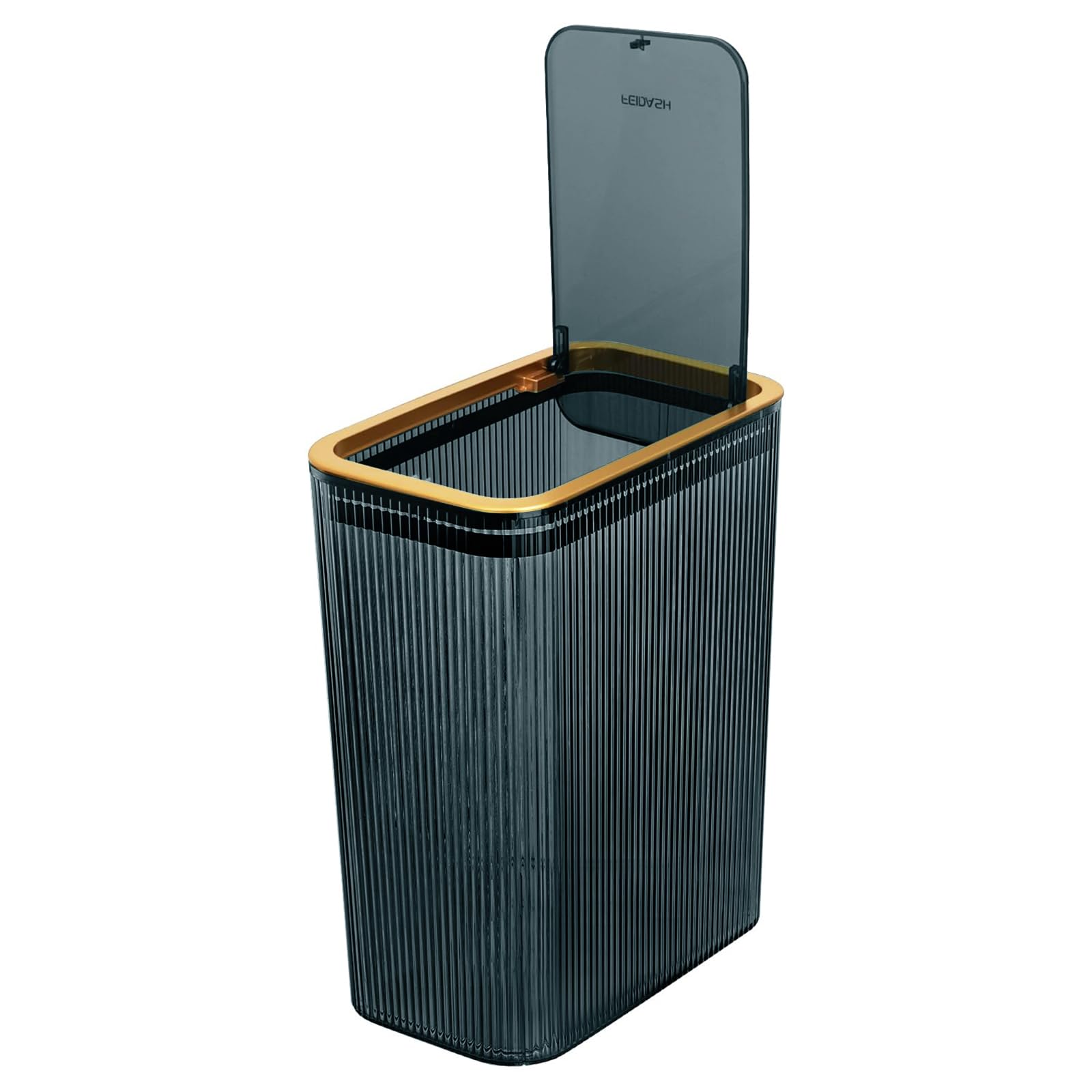 Lingerlanden transparent trash can front view with press-top lid for easy use.
