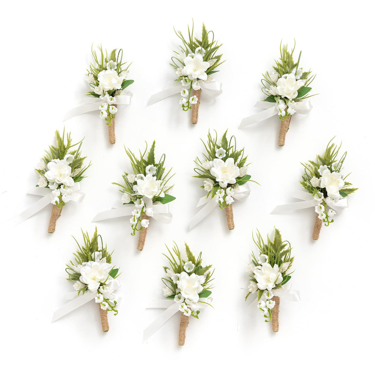 Ling's Moment boutonniere with white lily valley set for wedding party decor