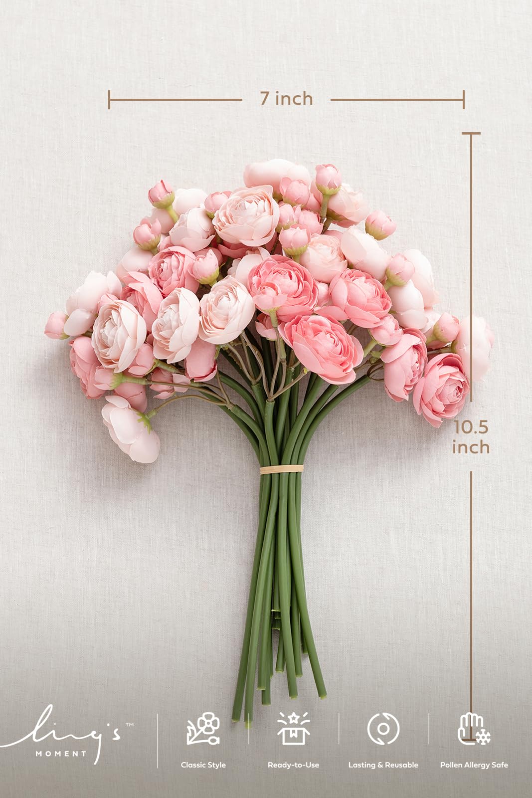 Ling's moment ranunculus dusty rose decor adds lasting color.