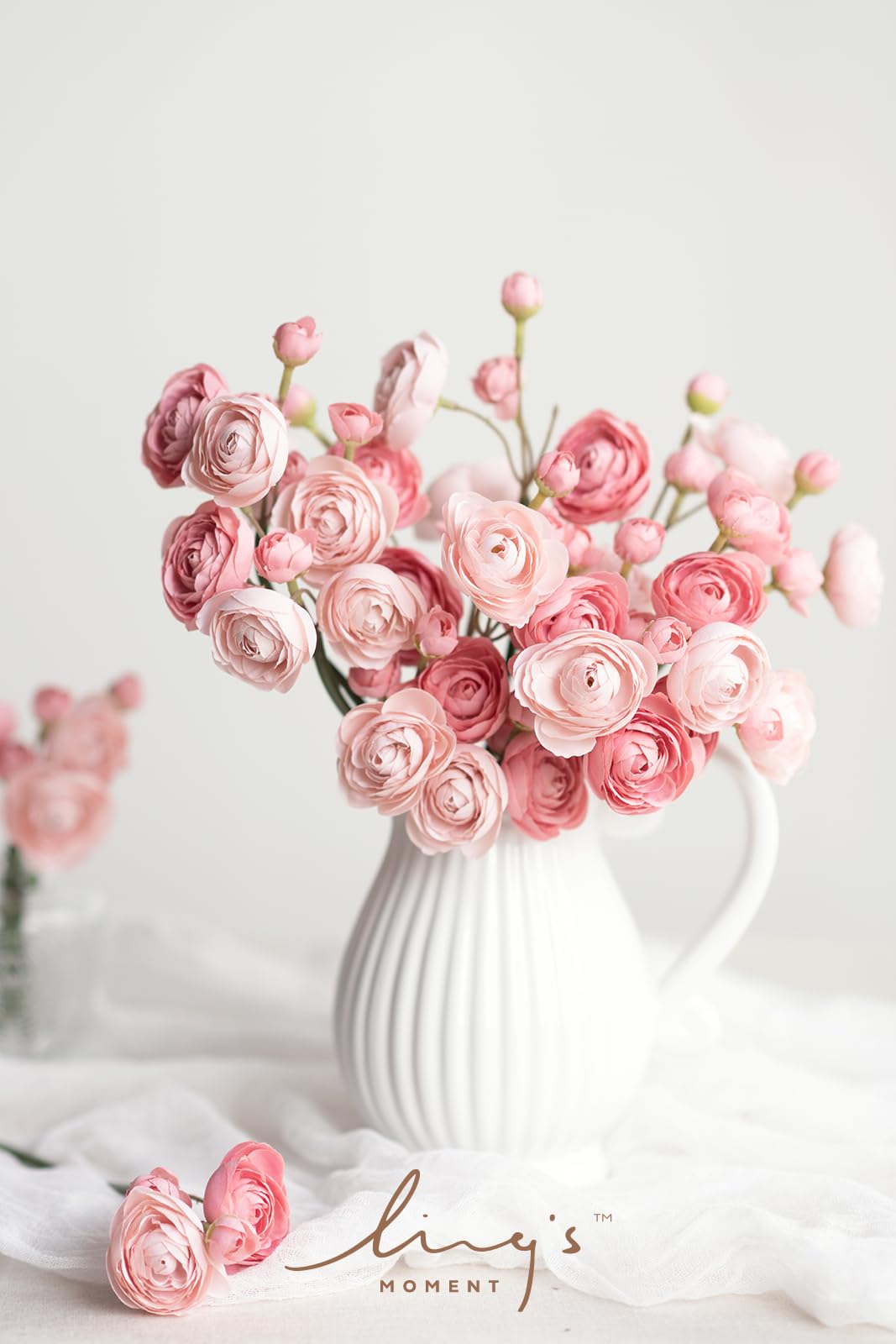 Ling's moment ranunculus silk flowers on iron stems enable flexible arrangements.