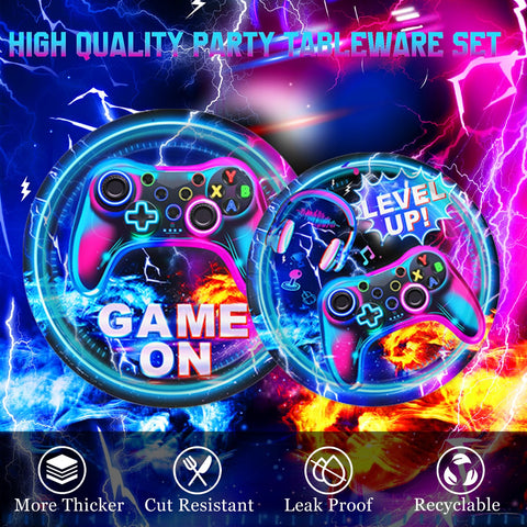 LINHAXM video game napkins coordinate cups for a cohesive party look.