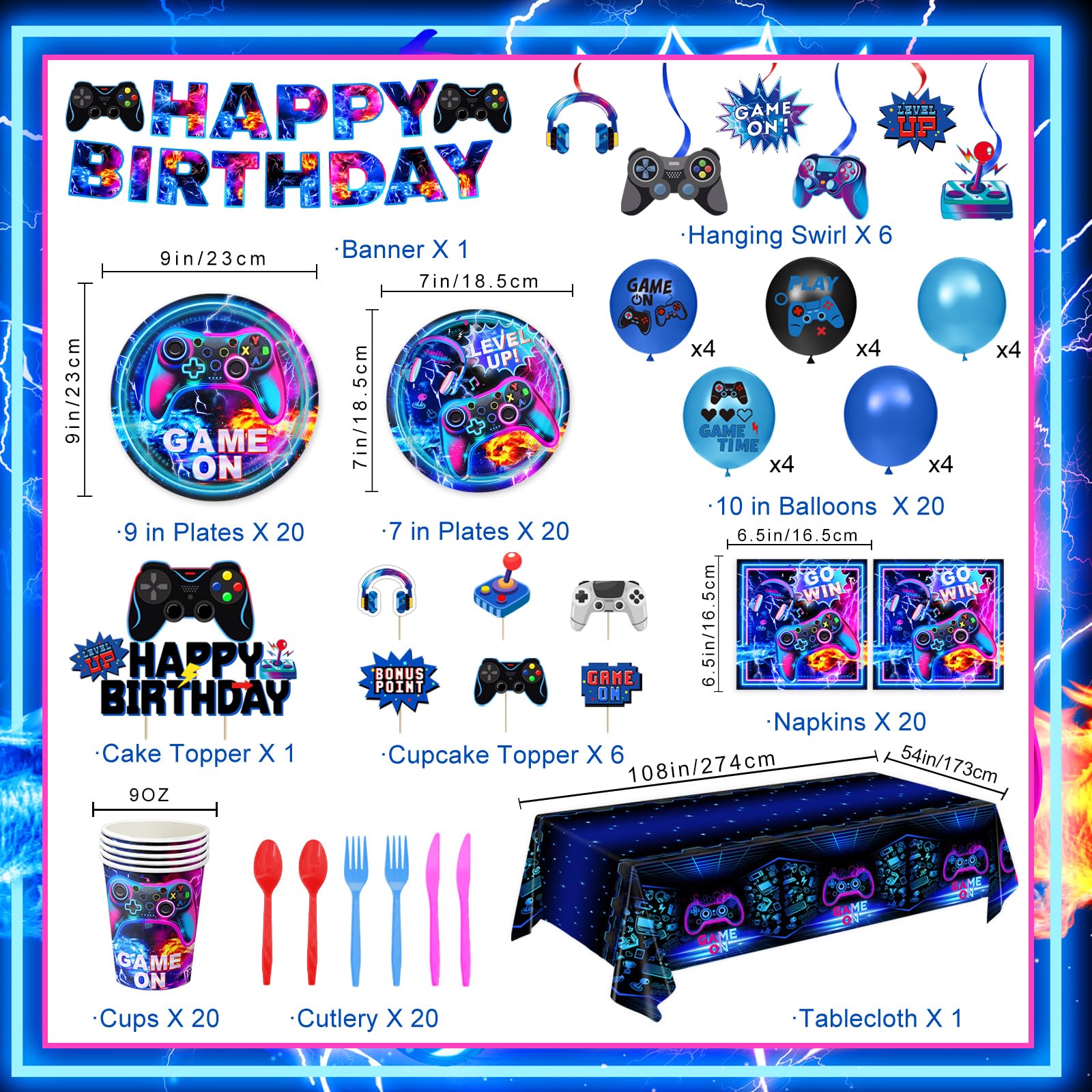 LINHAXM video game plates 7-inch with napkins for quick cleanup.