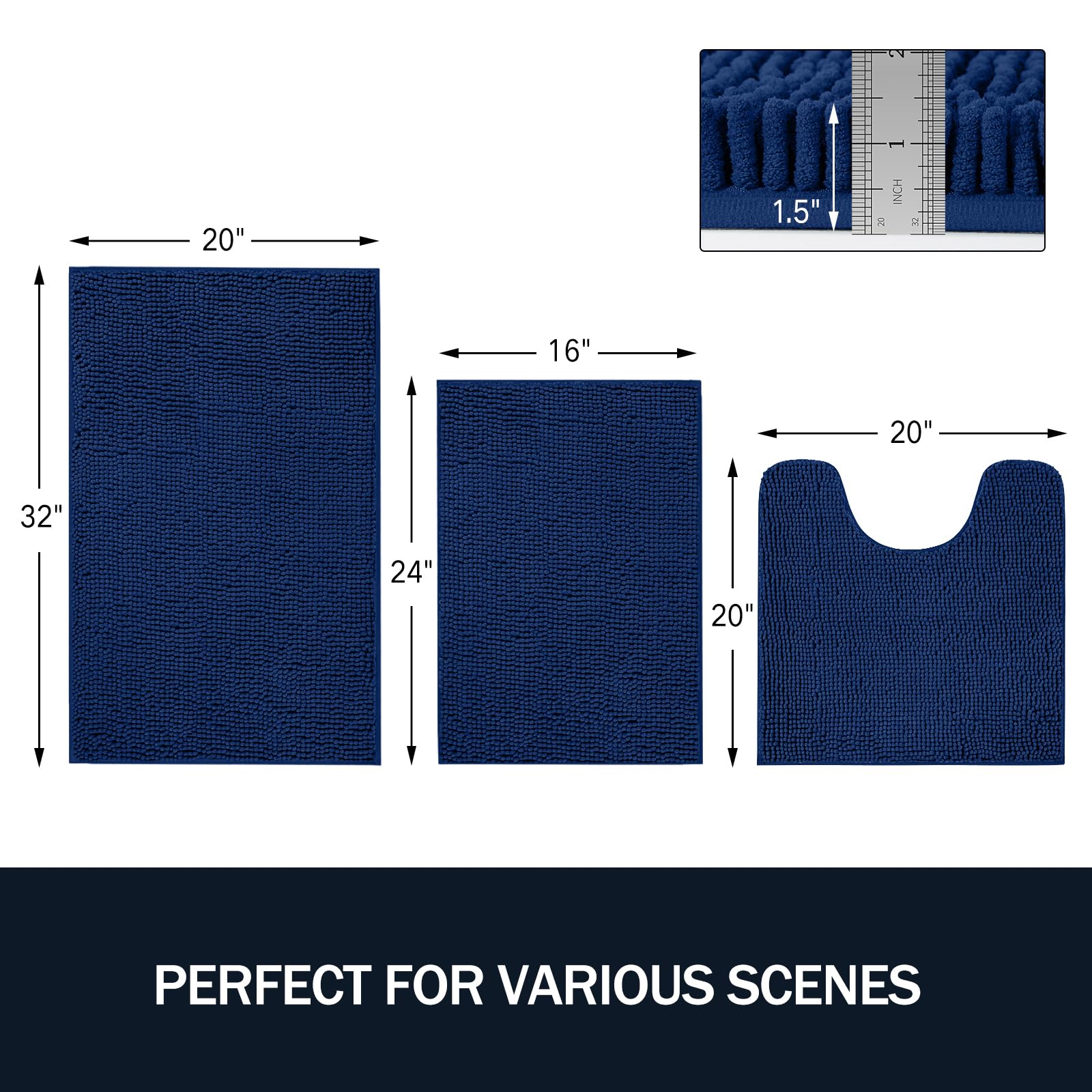 LINLA large navy bath rug thick plush chenille for full coverage comfort